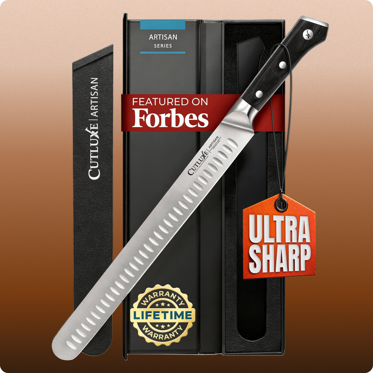 Ultra sharp artisan kitchen knife with lifetime warranty, featured on Forbes, in sleek black packaging