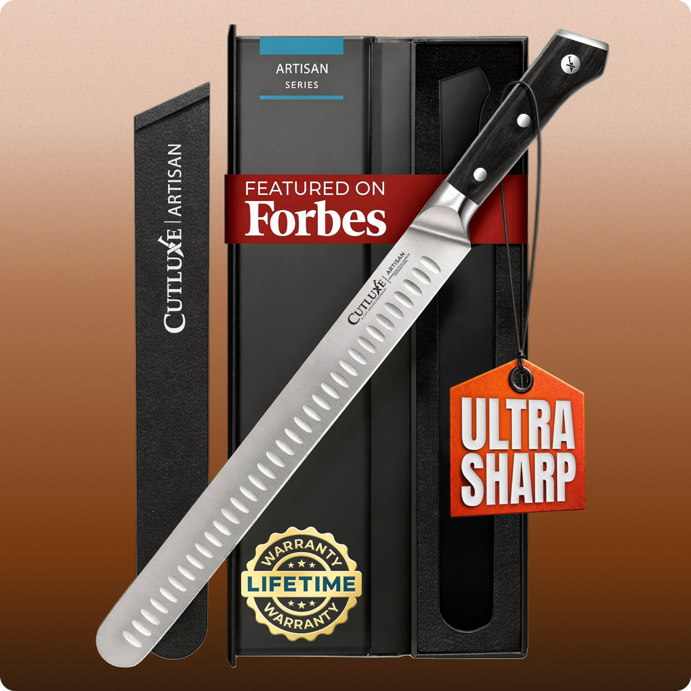 Ultra sharp artisan kitchen knife with lifetime warranty, featured on Forbes, in sleek black packaging