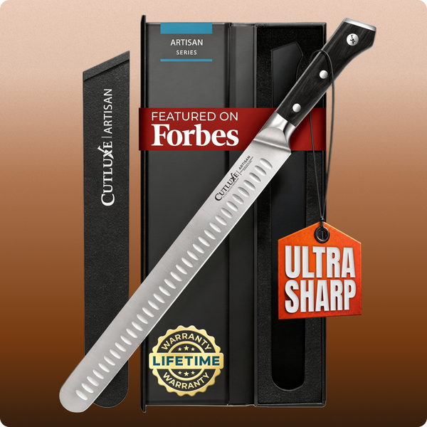 Ultra sharp artisan kitchen knife with lifetime warranty, featured on Forbes, in sleek black packaging