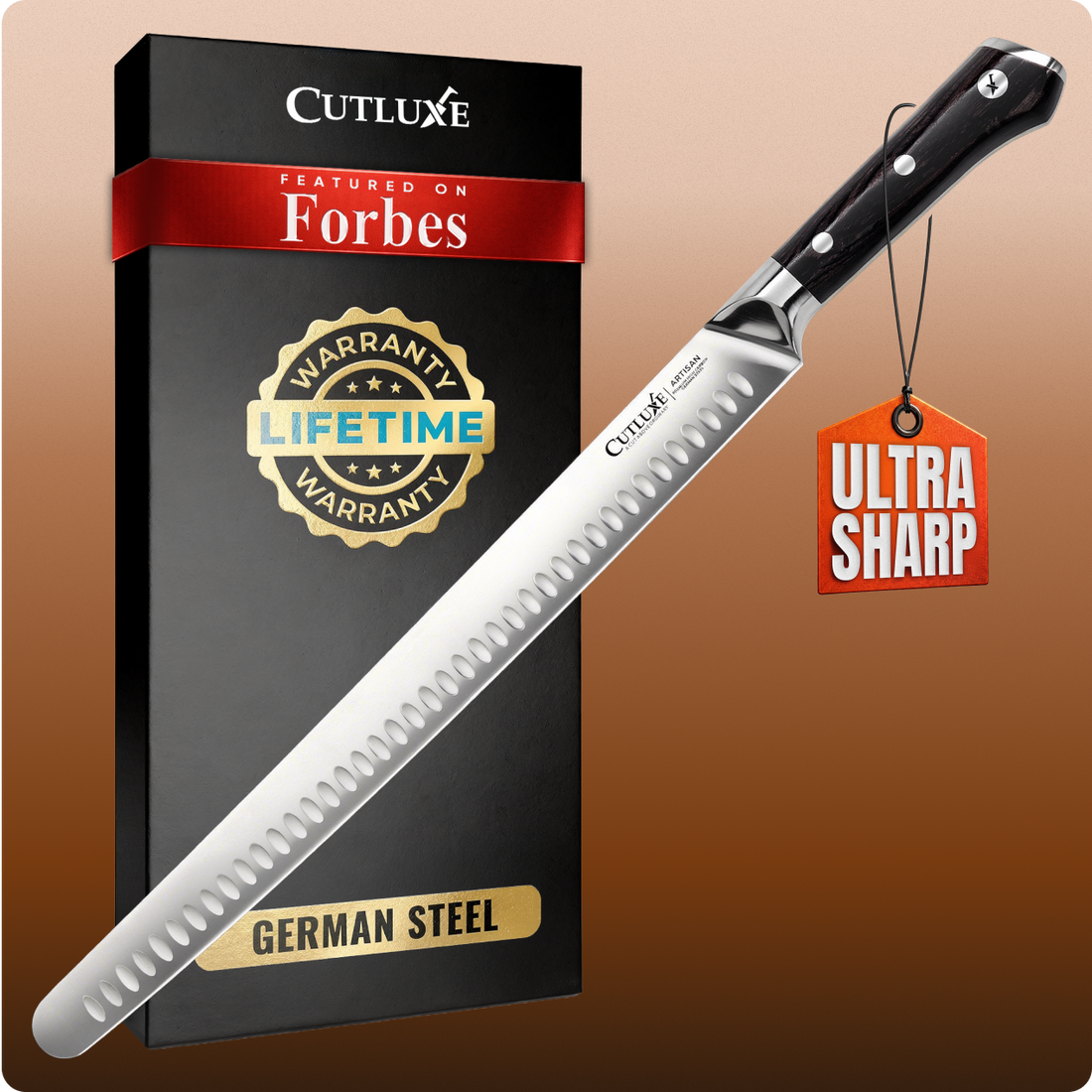 Ultra sharp German steel kitchen knife with lifetime warranty, featured on Forbes