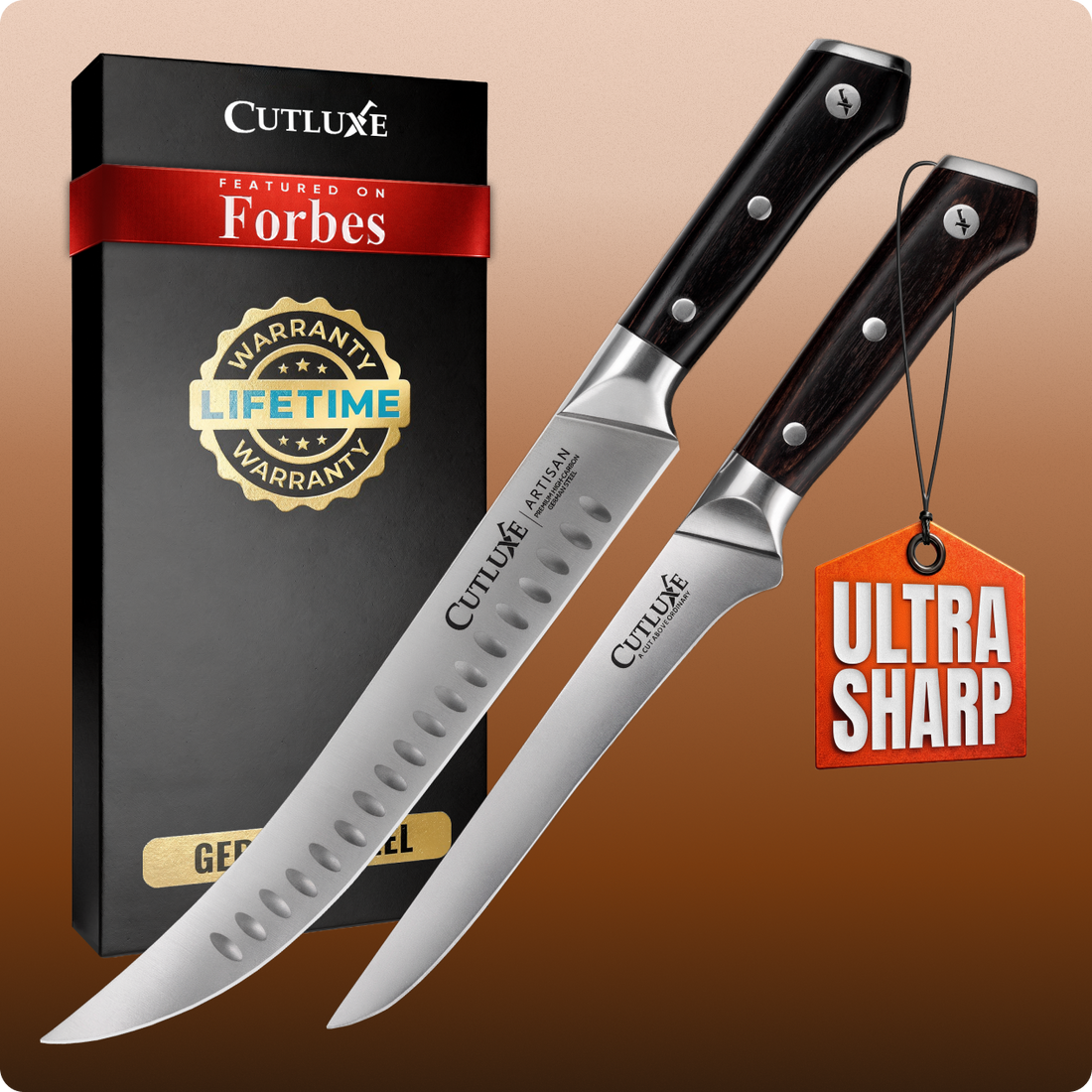 Ultra sharp Cutluxe kitchen knives with lifetime warranty, featured on Forbes, ideal for home cooks and chefs