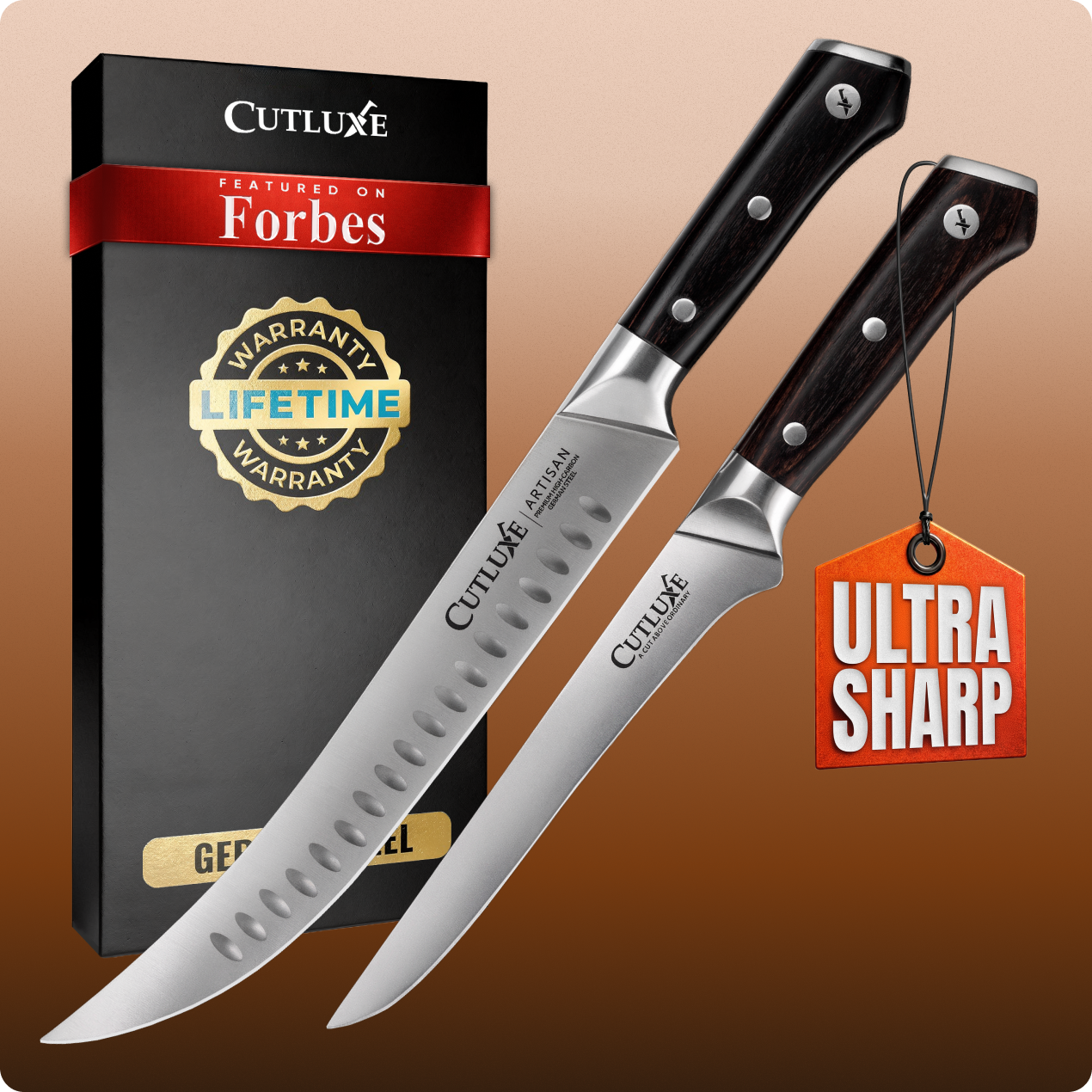 Ultra sharp Cutluxe kitchen knives with lifetime warranty, featured on Forbes, ideal for home cooks and chefs