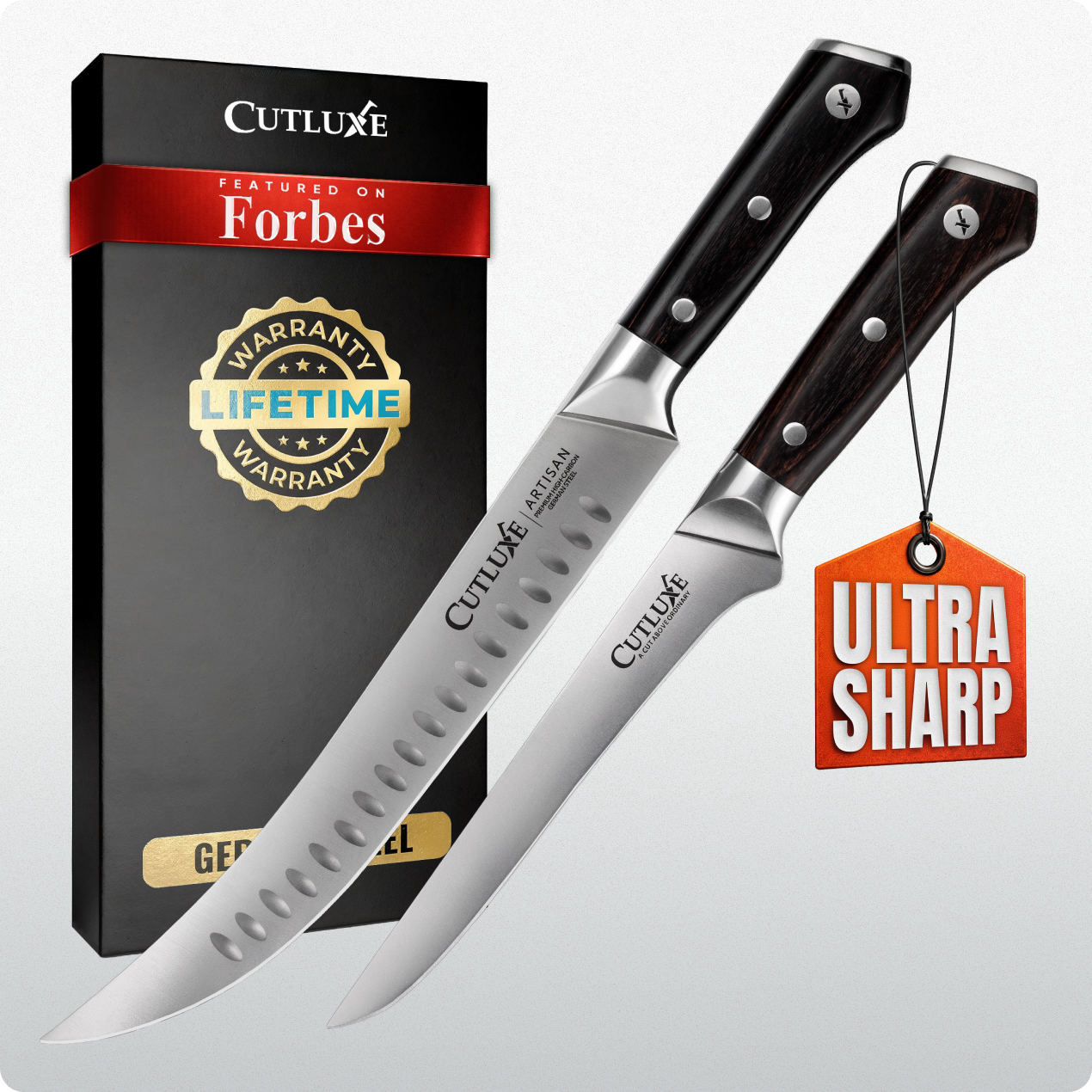 Ultra sharp Cutluxe kitchen knives with lifetime warranty, featured on Forbes, ideal for home cooks and chefs