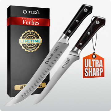 Ultra sharp Cutluxe kitchen knives with lifetime warranty, featured on Forbes, ideal for home cooks and chefs