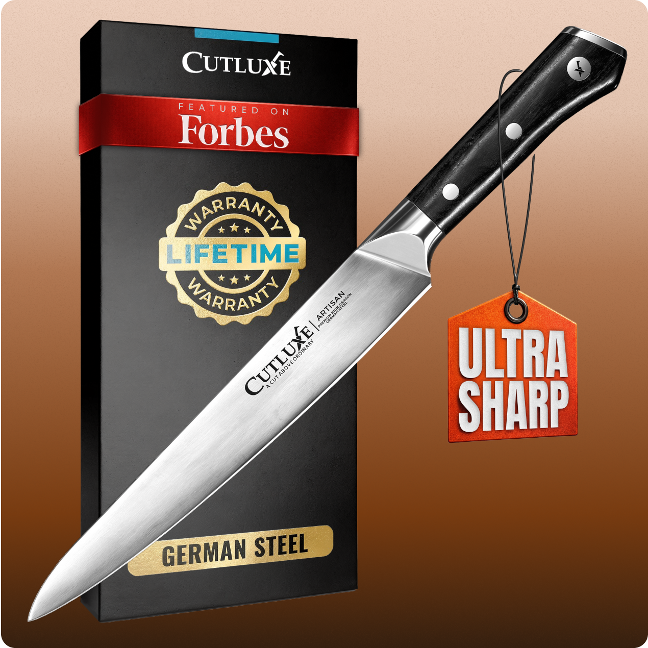 Product image 1 of 7: Ultra sharp German steel kitchen knife with lifetime warranty, featured on Forbes