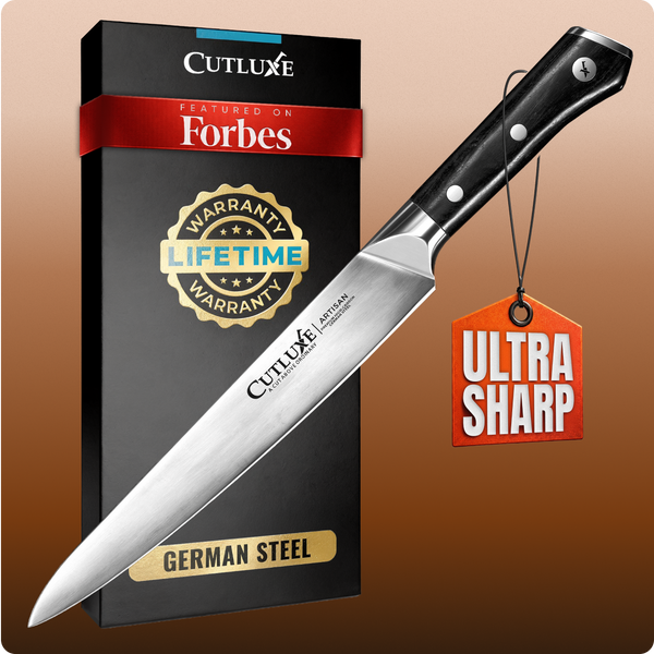 Ultra sharp German steel kitchen knife with lifetime warranty, featured on Forbes