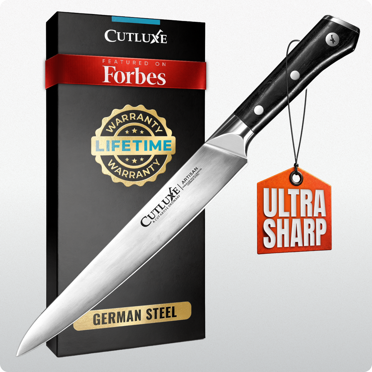 Product image 7 of 7: Ultra sharp German steel kitchen knife with lifetime warranty, featured on Forbes