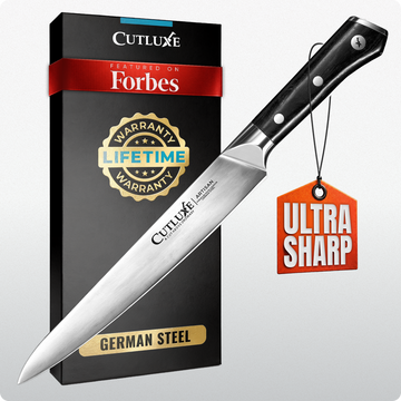 Ultra sharp German steel kitchen knife with lifetime warranty, featured on Forbes