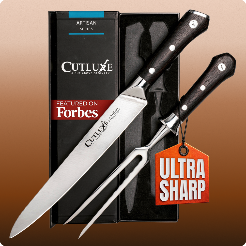 Ultra sharp artisan carving knife and fork set with wooden handles, featured on Forbes