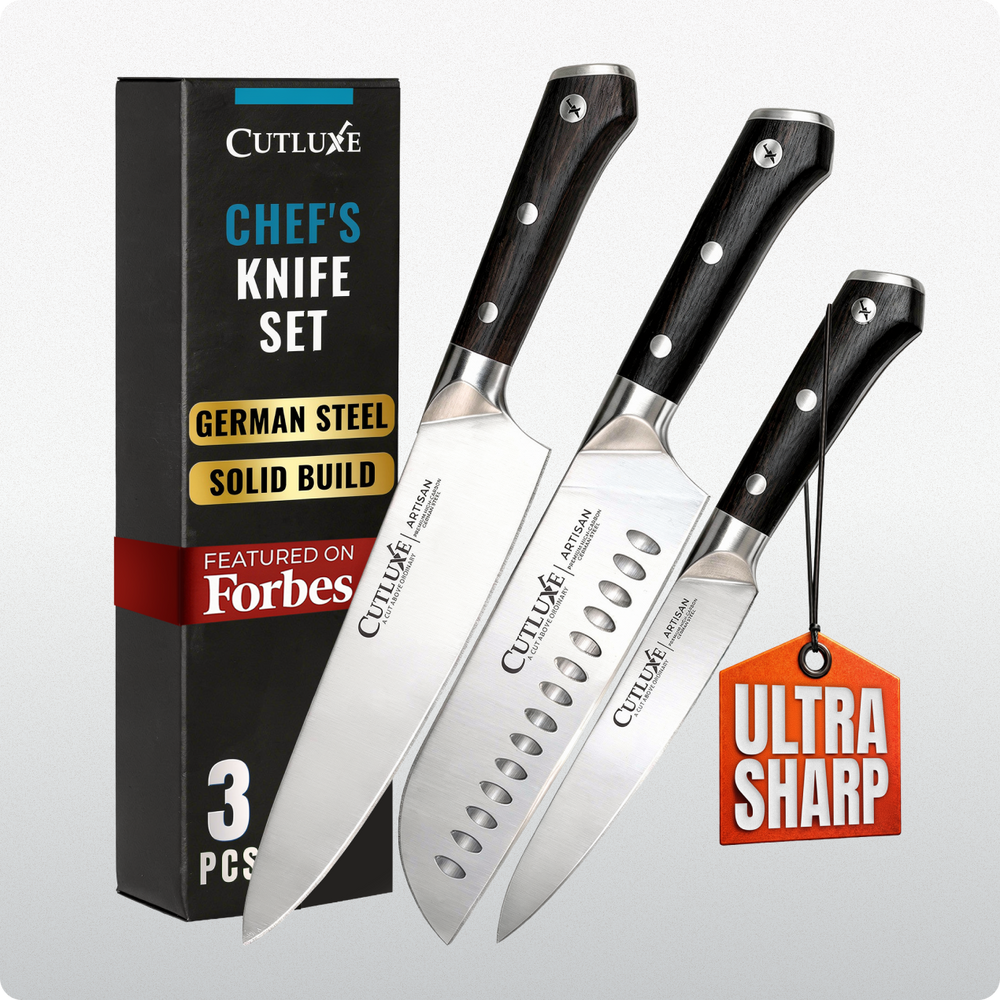 3-piece chef's knife set with German steel blades, solid build, ultra sharp, in black packaging