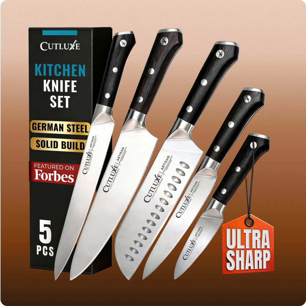 5-piece German steel kitchen knife set with ultra-sharp blades and solid build for home cooks and chefs