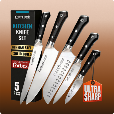 5-piece German steel kitchen knife set with ultra-sharp blades and solid build for home cooks and chefs