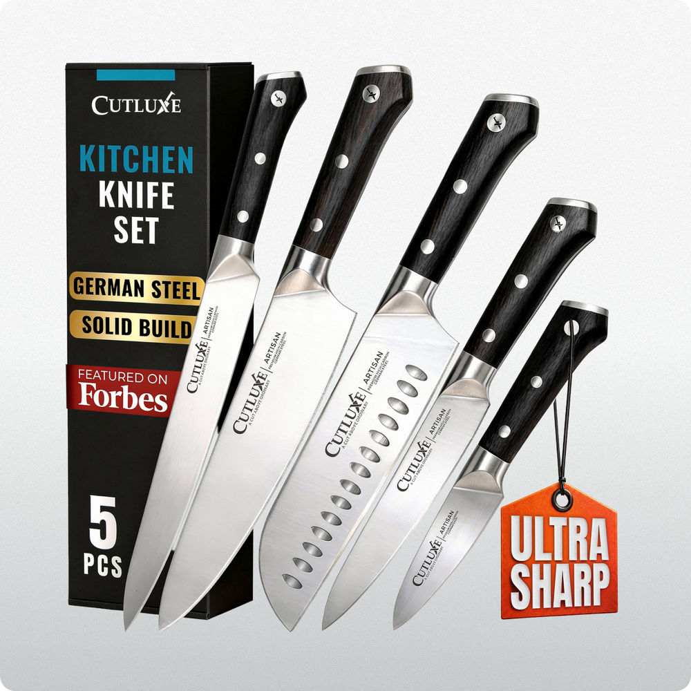 5-piece ultra sharp German steel kitchen knife set with solid build and ergonomic handles