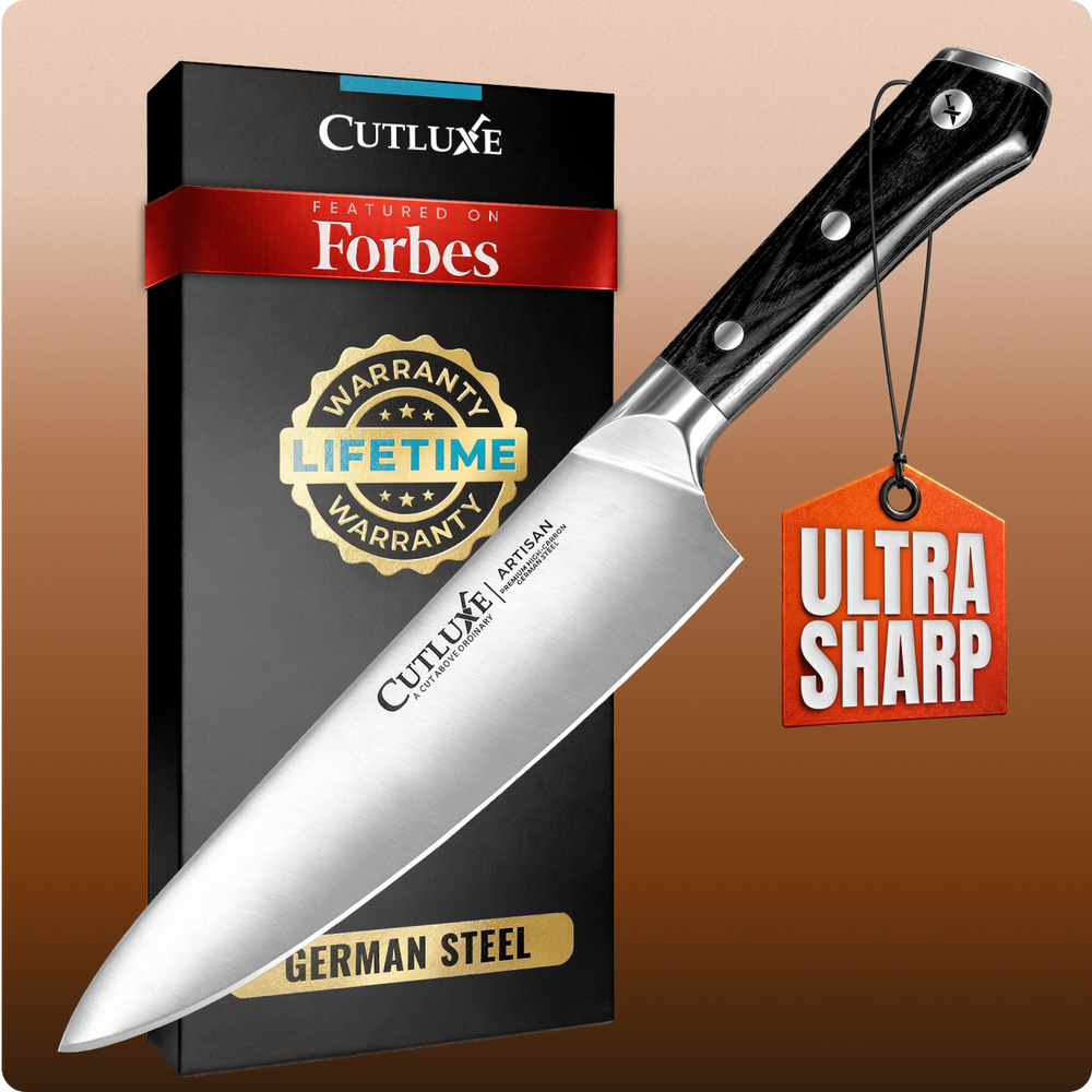 Ultra sharp German steel kitchen knife with lifetime warranty, featured on Forbes