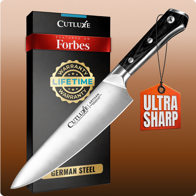 Ultra sharp German steel kitchen knife with lifetime warranty, featured on Forbes