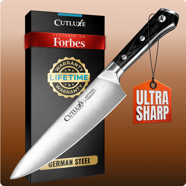Ultra sharp German steel kitchen knife with lifetime warranty, featured on Forbes