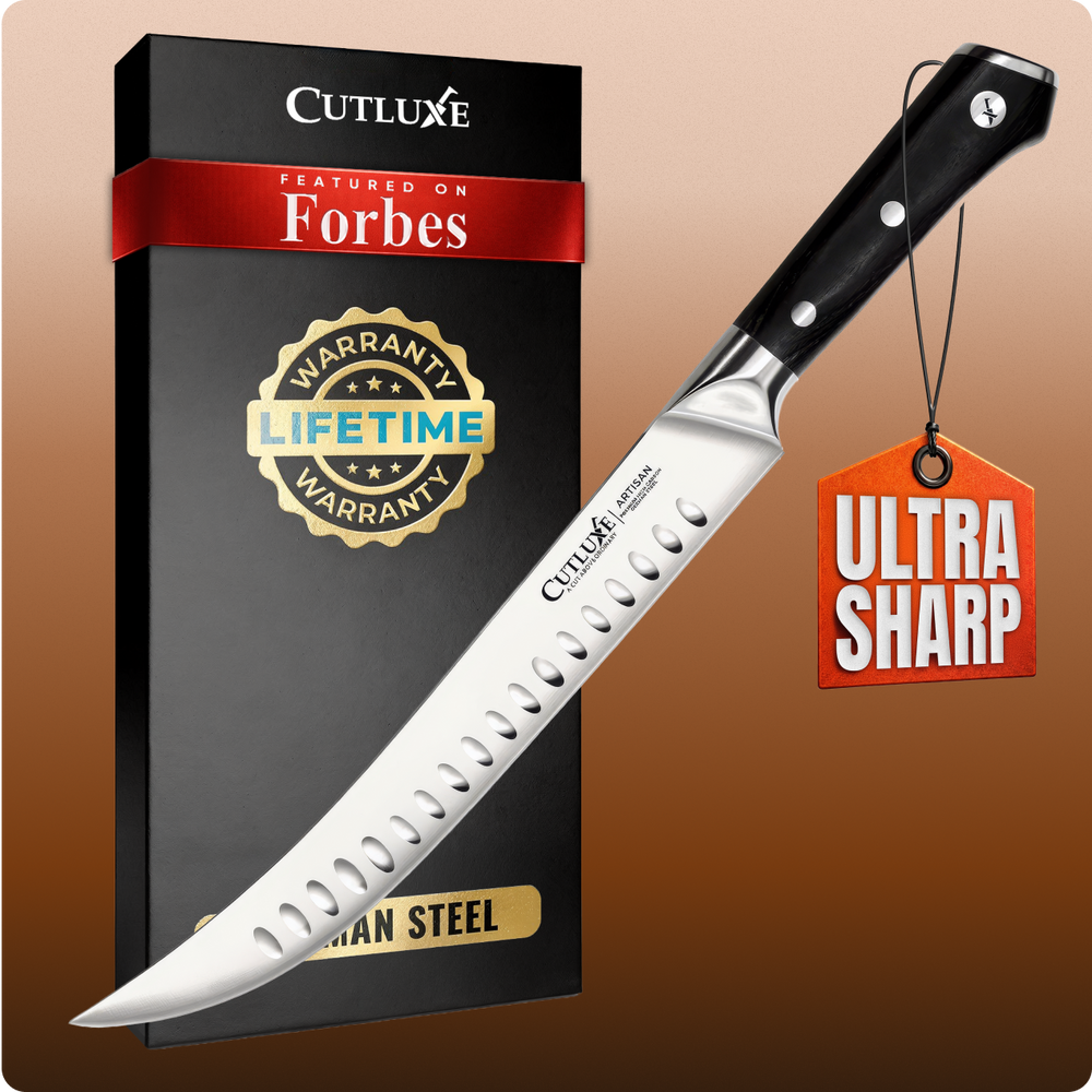 Ultra sharp Cutluxe chef knife with lifetime warranty, German steel blade, black handle, Forbes featured