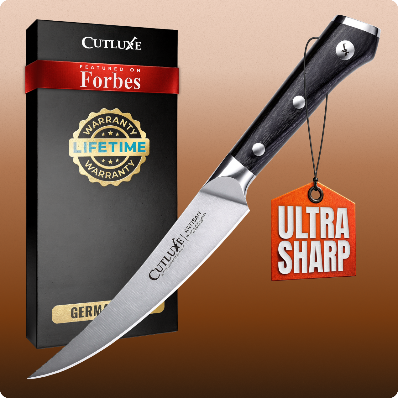 Ultra sharp artisan kitchen knife with lifetime warranty, featured on Forbes, German steel