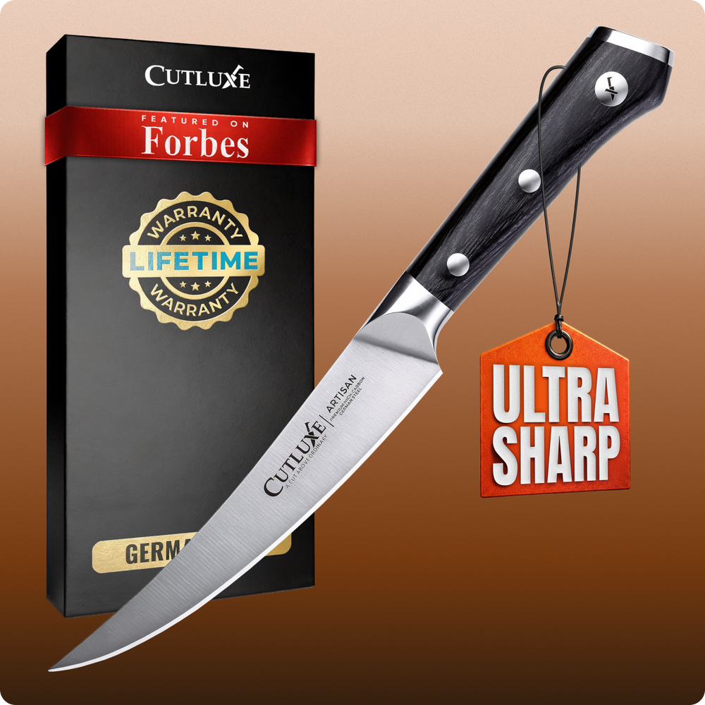 Ultra sharp artisan kitchen knife with lifetime warranty, featured on Forbes, German steel
