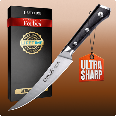 Ultra sharp artisan kitchen knife with lifetime warranty, featured on Forbes, German steel