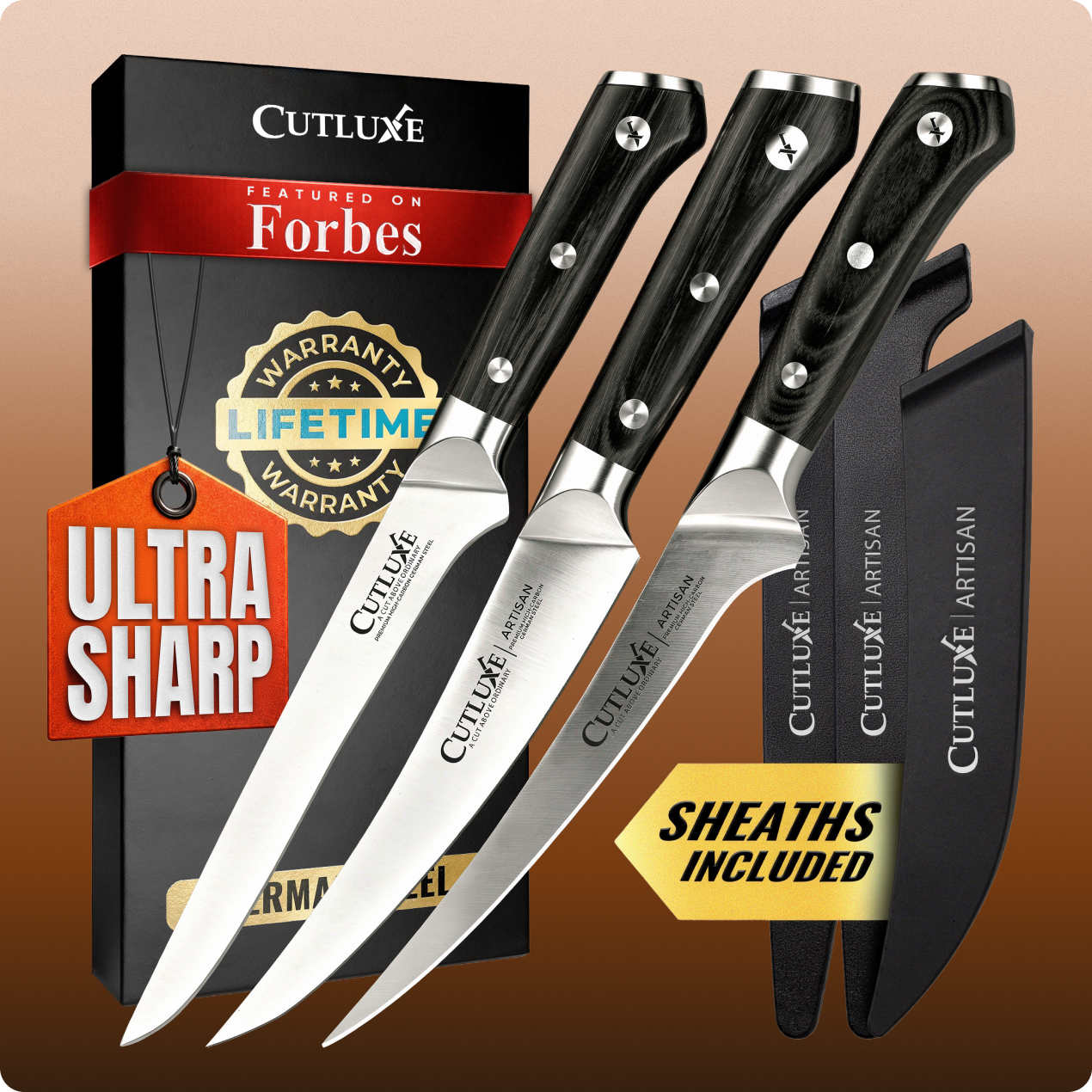 Ultra sharp Cutluxe Artisan kitchen knives with sheaths, lifetime warranty, featured on Forbes