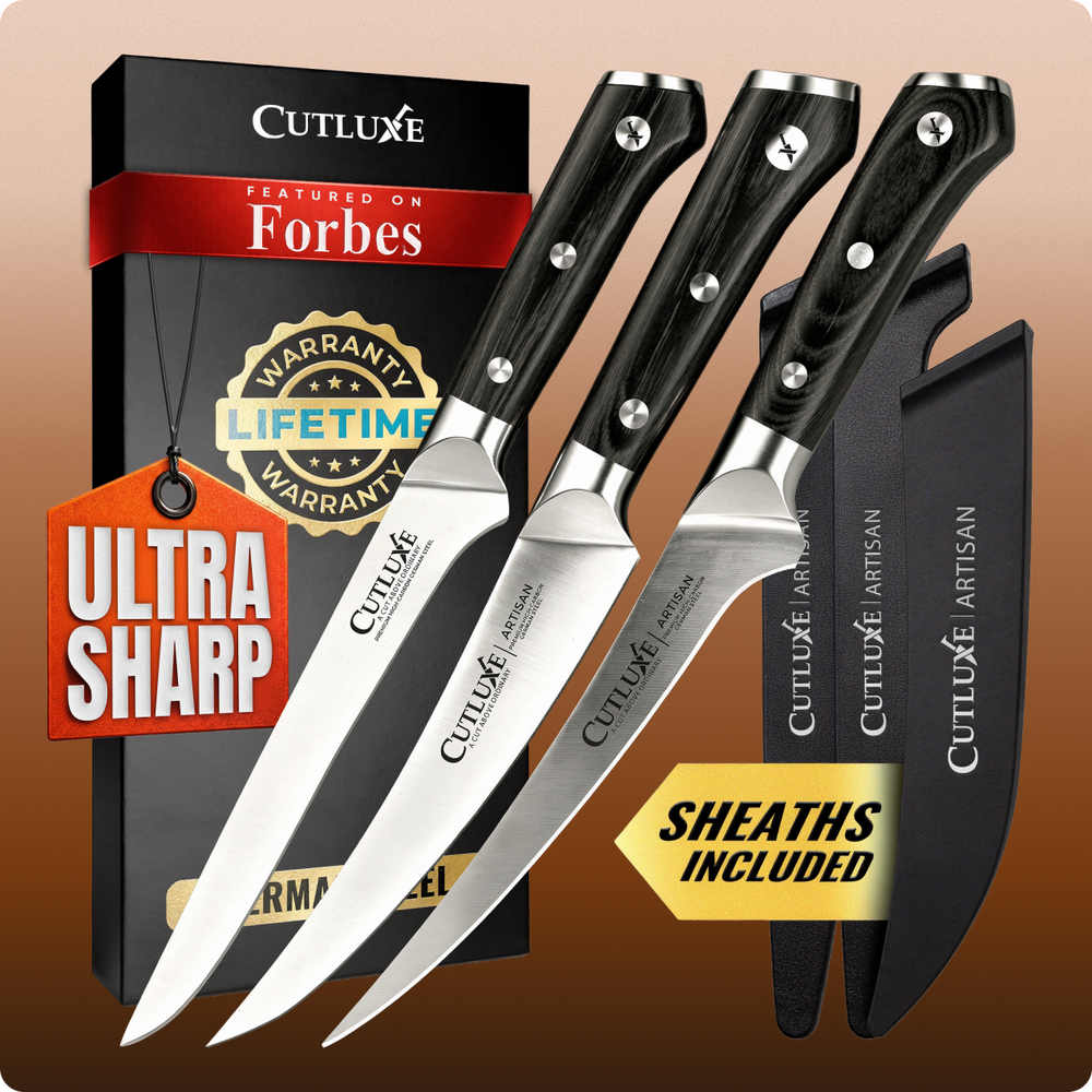 Ultra sharp Cutluxe Artisan kitchen knives with sheaths, lifetime warranty, featured on Forbes