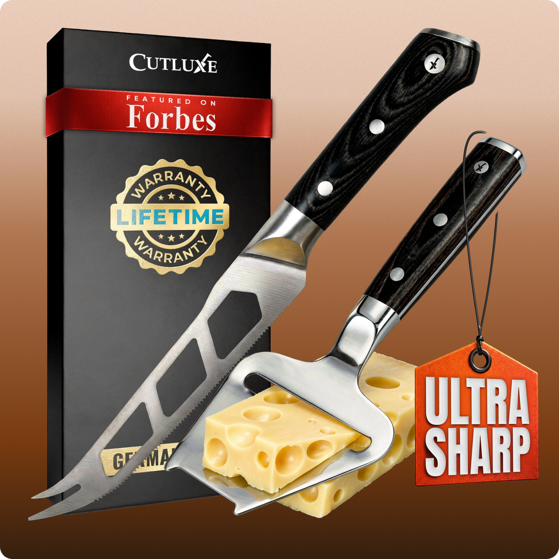 Ultra sharp cheese knife set with lifetime warranty, slicing Swiss cheese, featured on Forbes