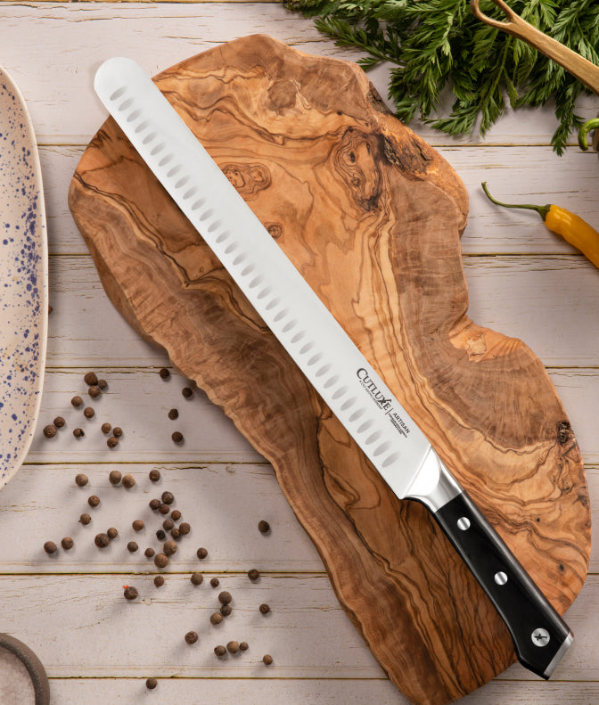 CUTLUXE Meat Carving Knife – 9 Turkey Carving Knife – Razor Sharp High  Carbon German Steel Blade – Artisan Series 