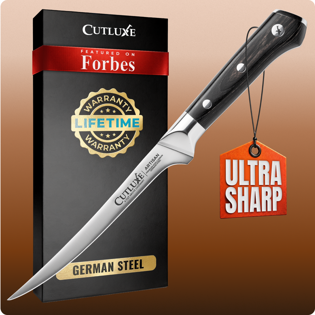 Product image 1 of 6: Ultra sharp German steel kitchen knife with lifetime warranty, featured on Forbes