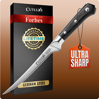Ultra sharp German steel kitchen knife with lifetime warranty, featured on Forbes