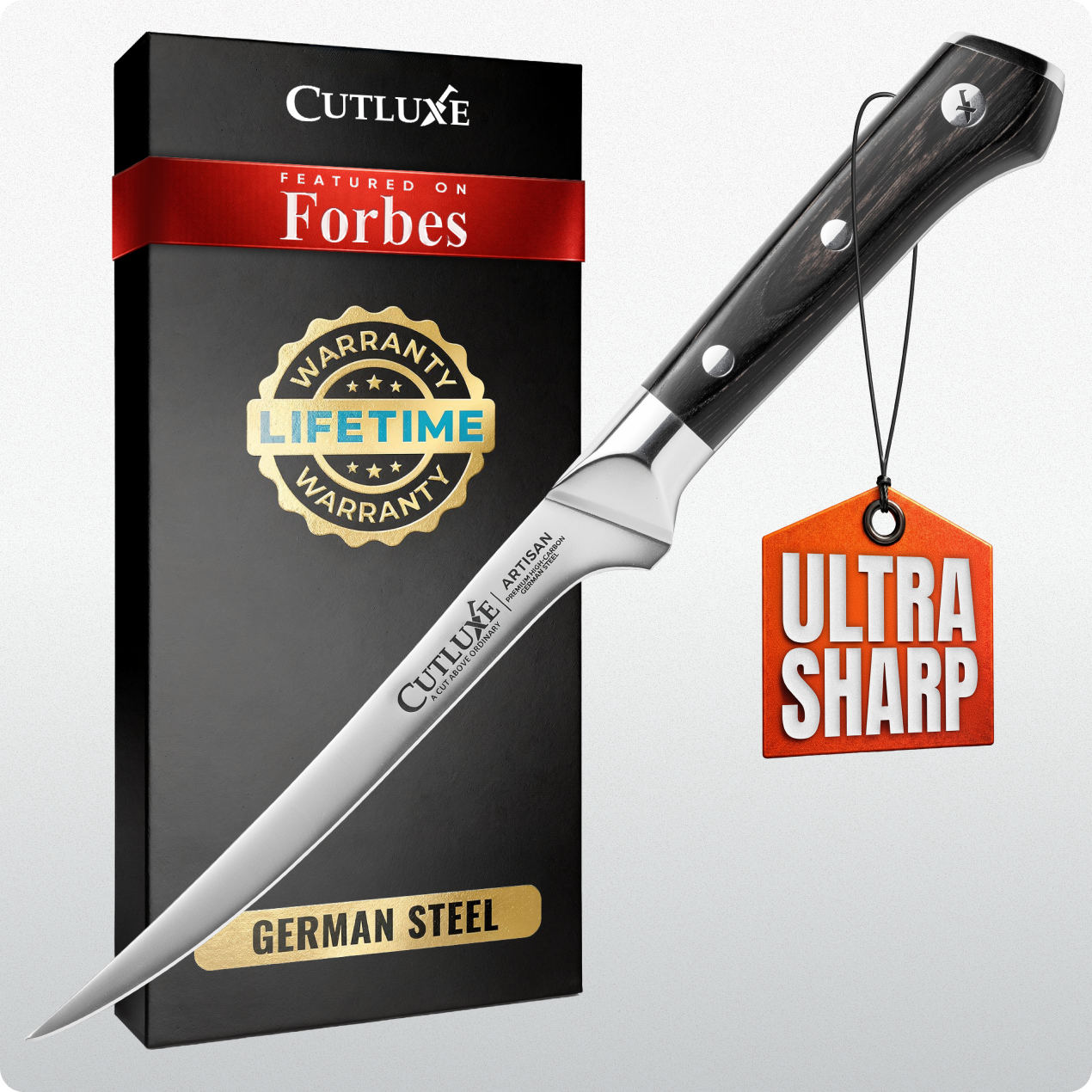 Product image 6 of 6: Ultra sharp German steel kitchen knife with lifetime warranty, featured on Forbes