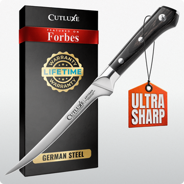 Ultra sharp German steel kitchen knife with lifetime warranty, featured on Forbes