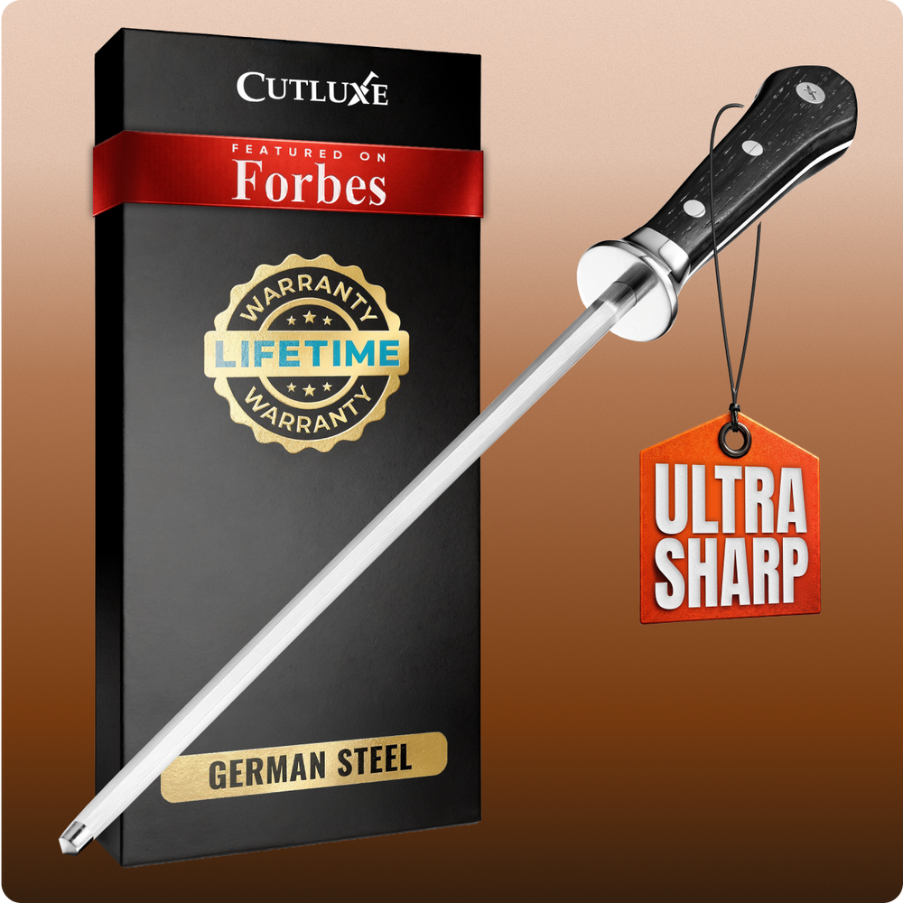 Ultra sharp German steel kitchen knife with lifetime warranty, featured on Forbes, in sleek black packaging