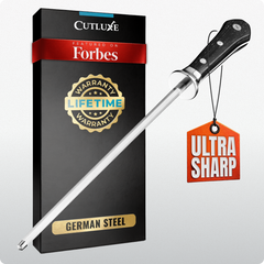 Ultra sharp German steel knife with lifetime warranty, featured on Forbes, ideal for home cooks and chefs.
