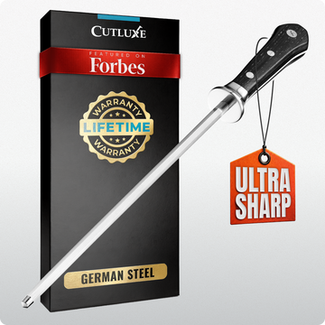 Ultra sharp German steel knife with lifetime warranty, featured on Forbes, ideal for home cooks and chefs.