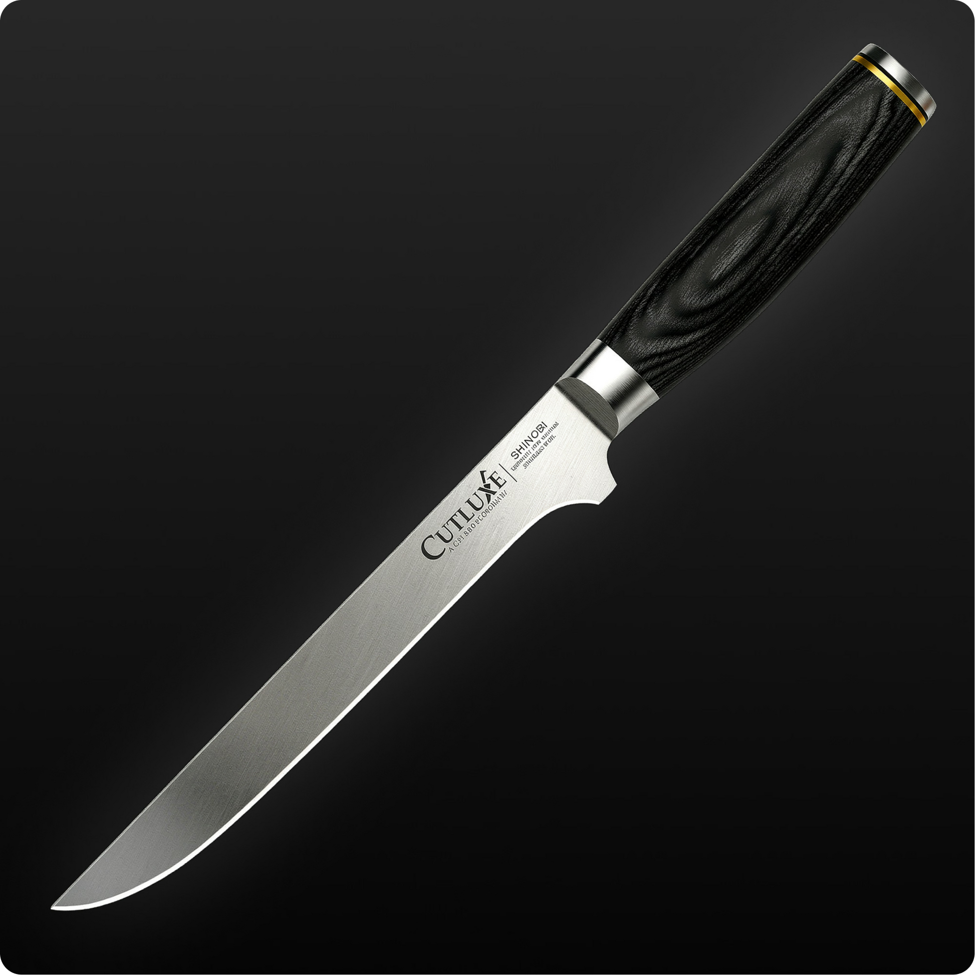 Product image 1 of 18: Cutluxe Shinobi kitchen knife with black wood handle and stainless steel blade, ideal for chefs and home cooks.