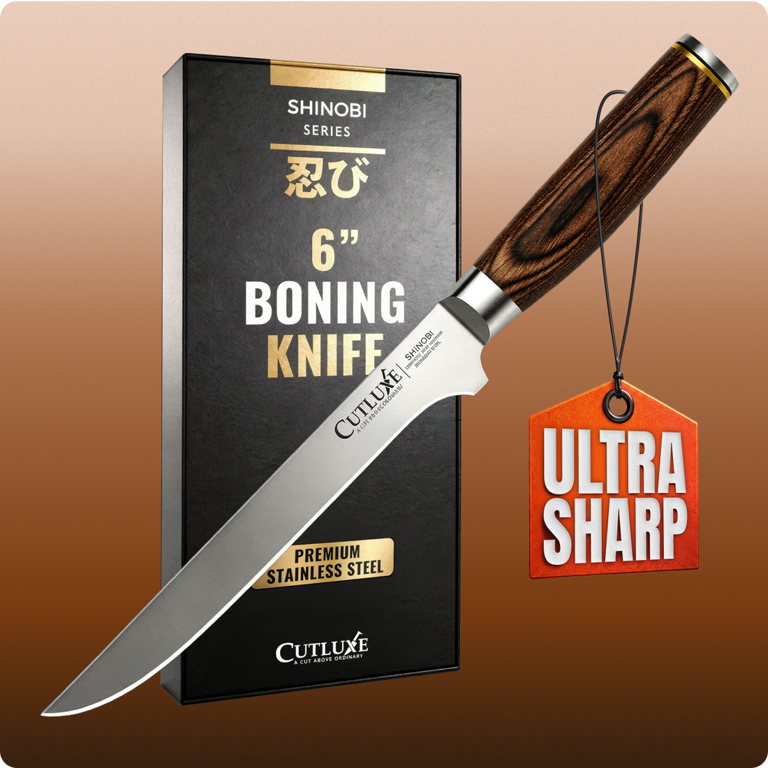 6-inch Shinobi Series boning knife with ultra-sharp premium stainless steel blade and wooden handle