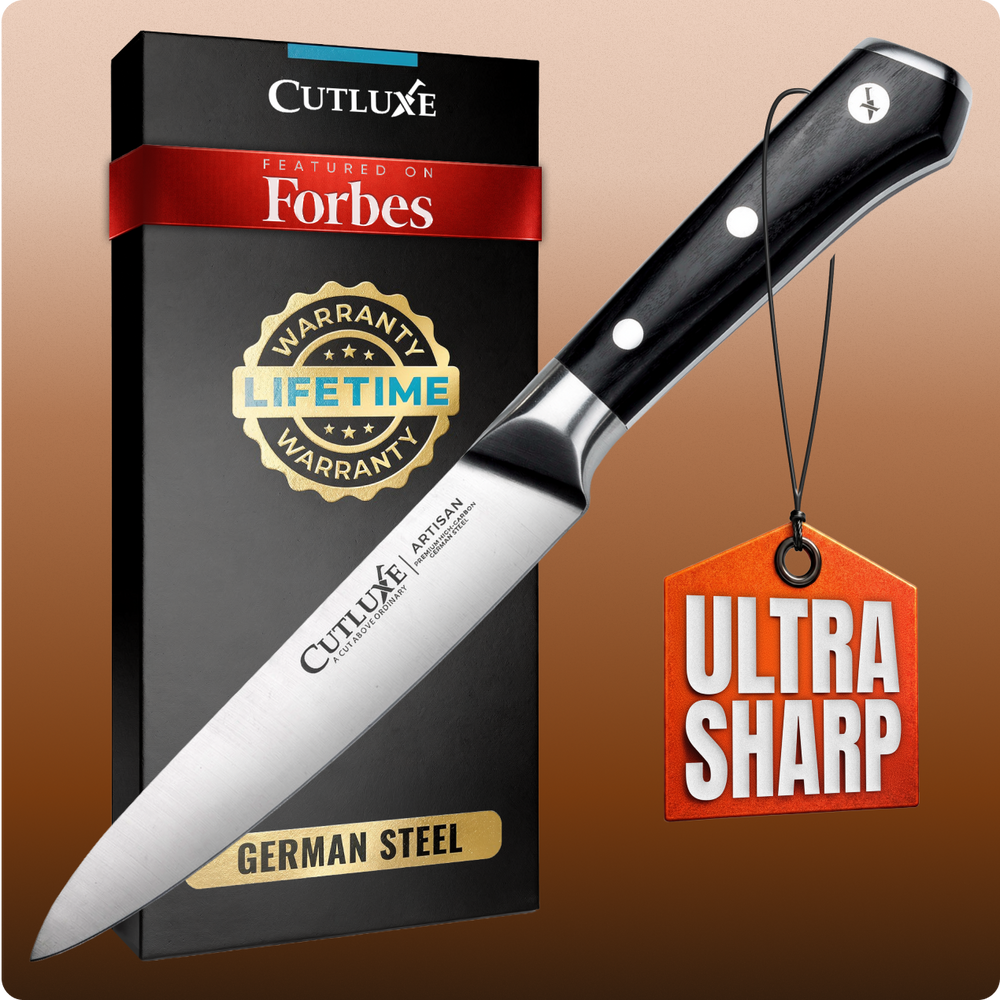 Ultra sharp German steel kitchen knife with lifetime warranty, featured on Forbes