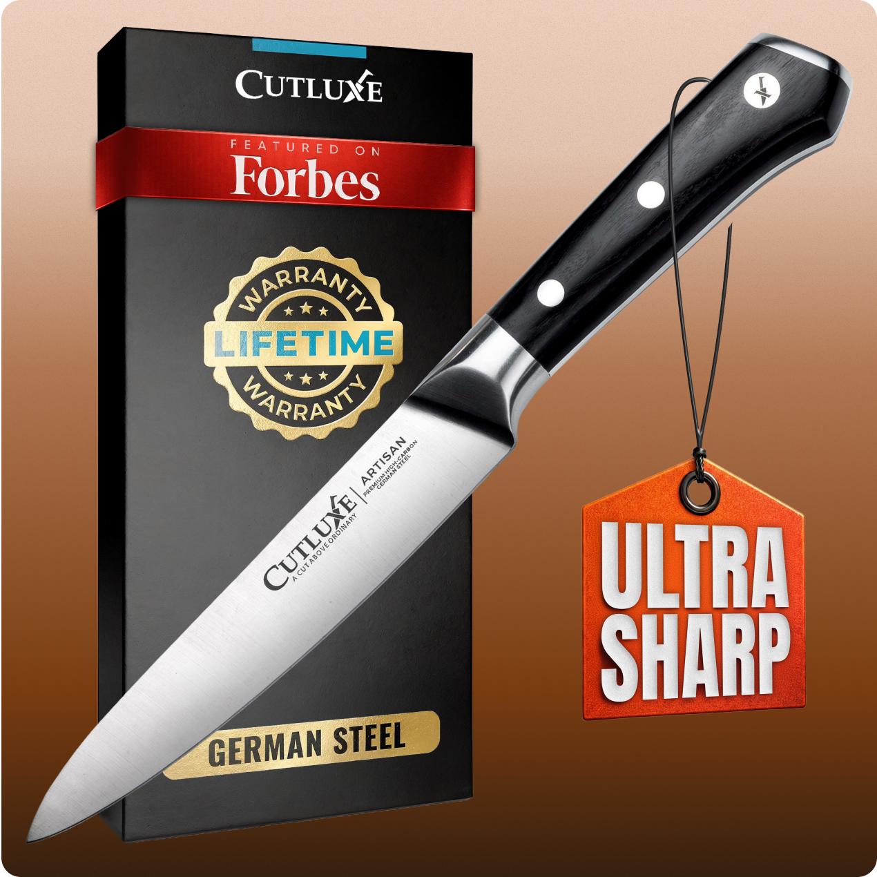 Product image 1 of 8: Ultra sharp German steel kitchen knife with lifetime warranty, featured on Forbes