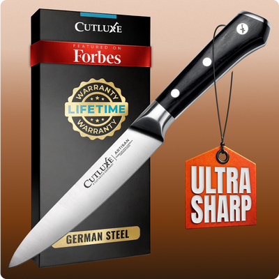 Ultra sharp German steel kitchen knife with lifetime warranty, featured on Forbes