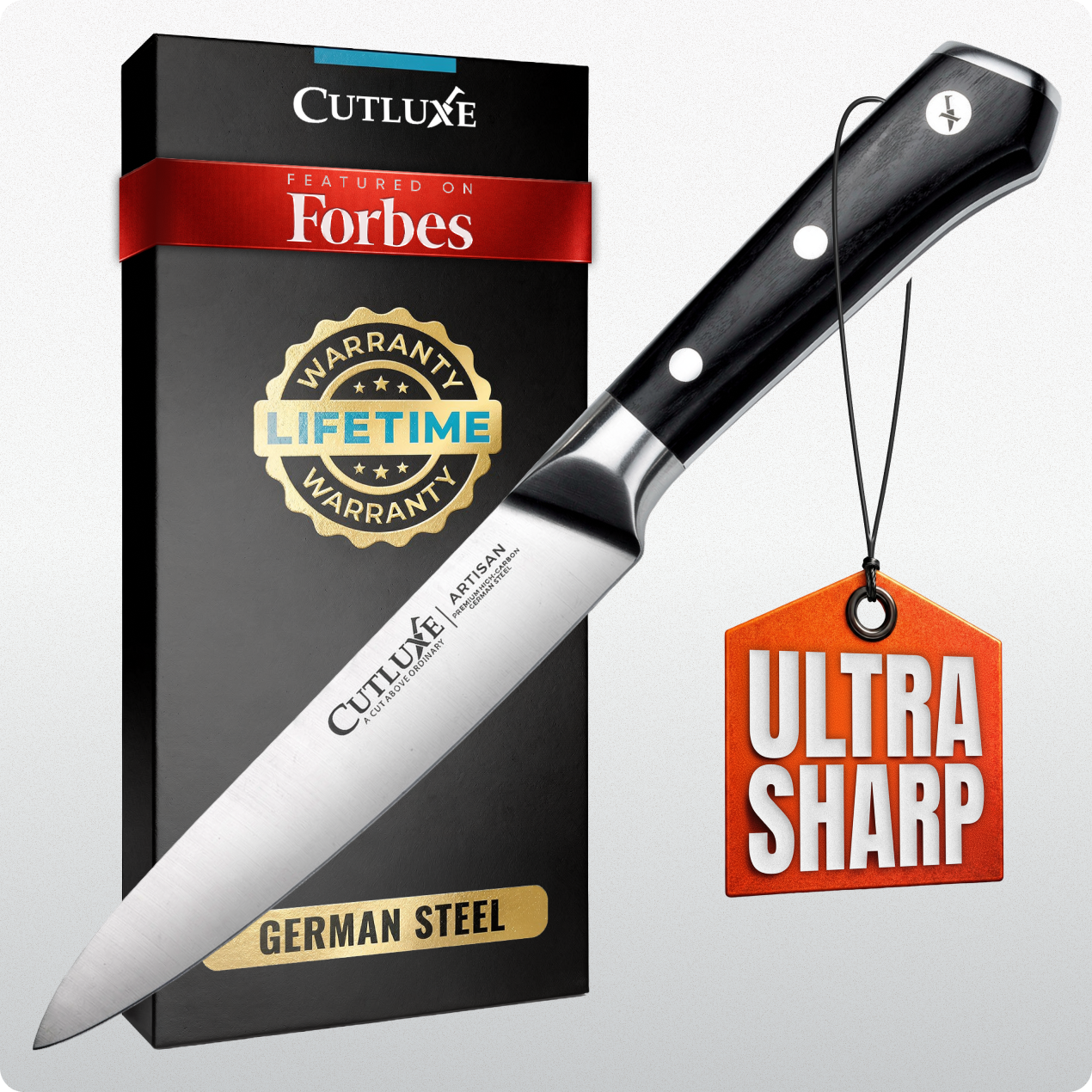 Product image 8 of 8: Ultra sharp German steel kitchen knife with lifetime warranty, featured on Forbes