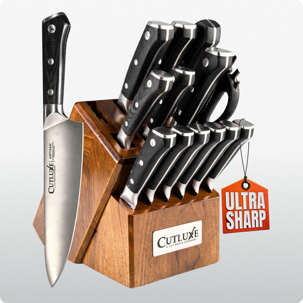 Ultra sharp kitchen knife set with wooden block, ideal for home cooks and chefs