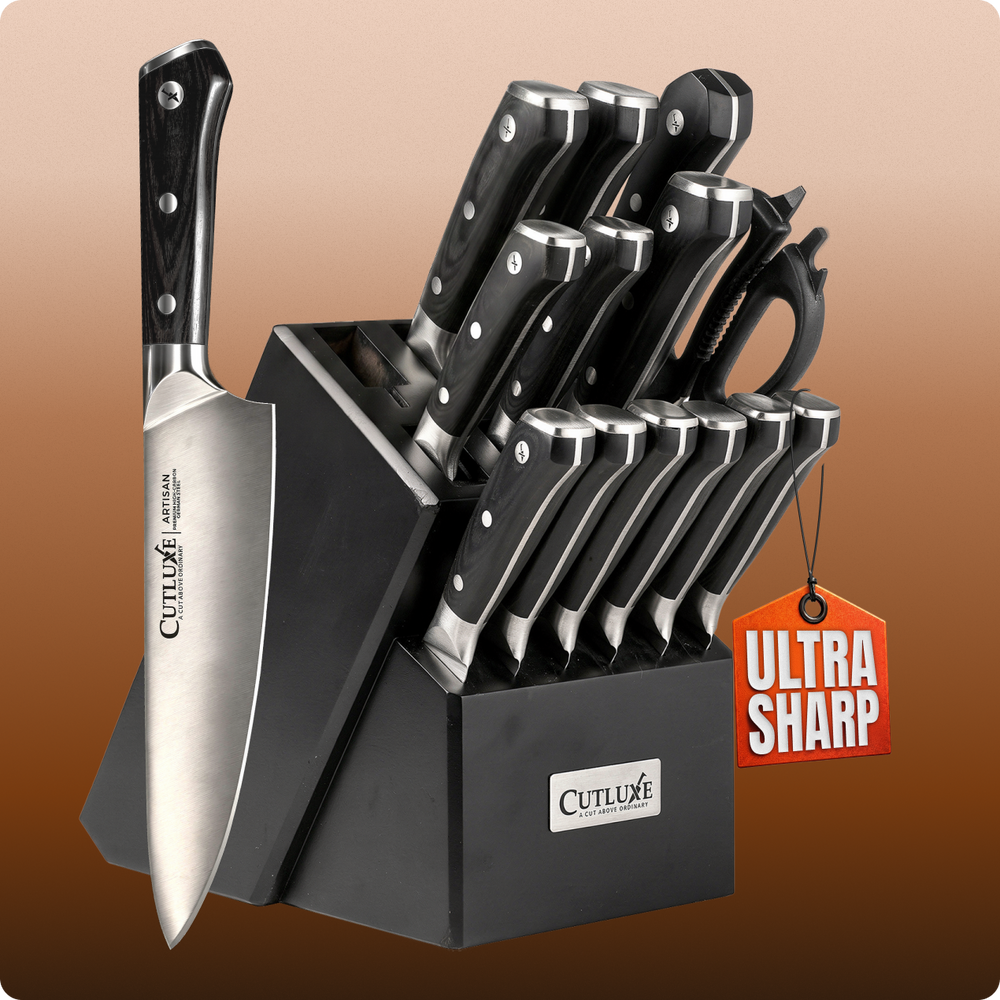 Ultra sharp kitchen knife set with black block, ideal for home cooks and chefs