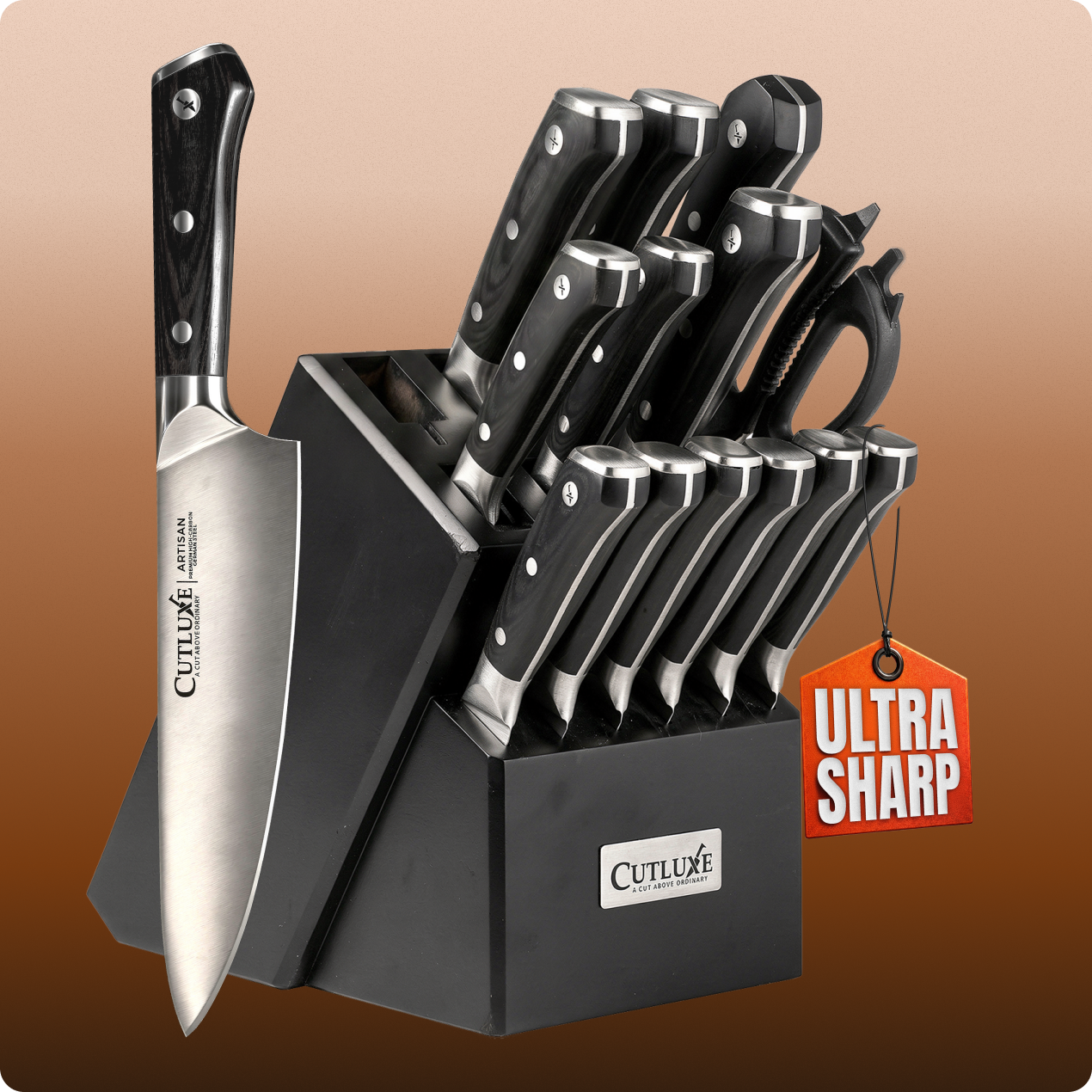 Product image 1 of 23: Ultra sharp kitchen knife set with black block, ideal for home cooks and chefs
