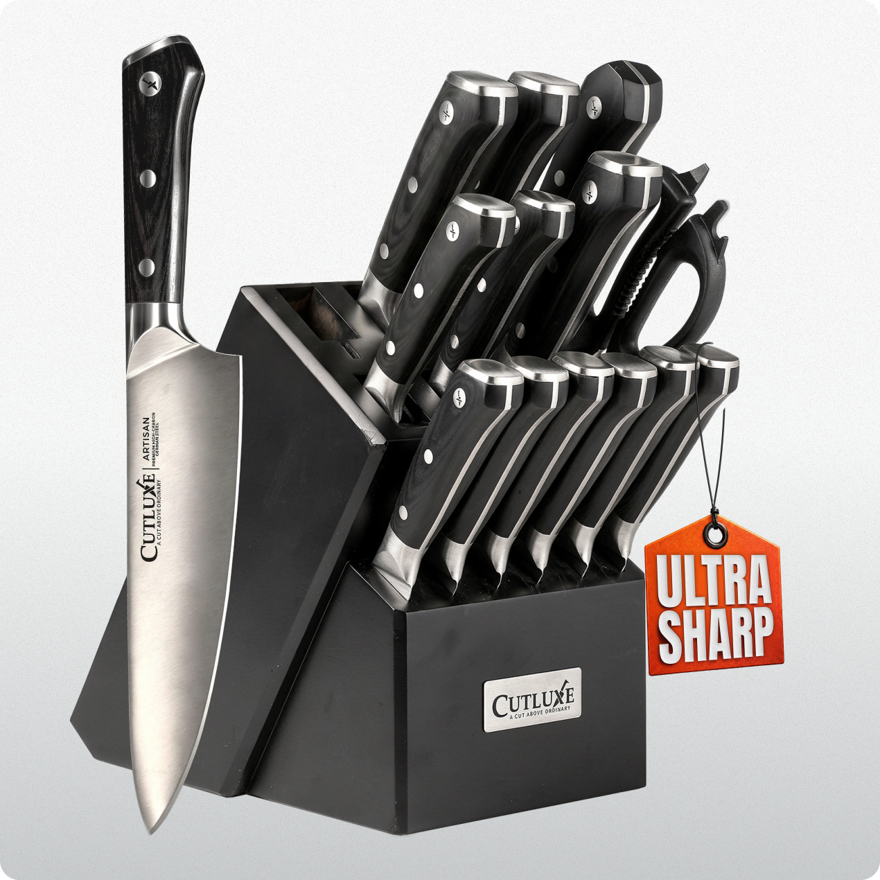Product image 22 of 23: Ultra sharp kitchen knife set with black block, stainless steel blades, and ergonomic handles for home chefs