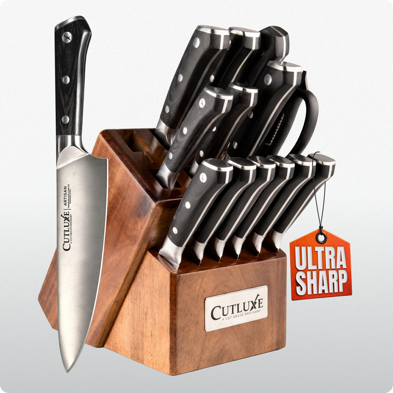 Product image 14 of 23: Ultra sharp kitchen knife set with wooden block, ideal for home cooks and chefs