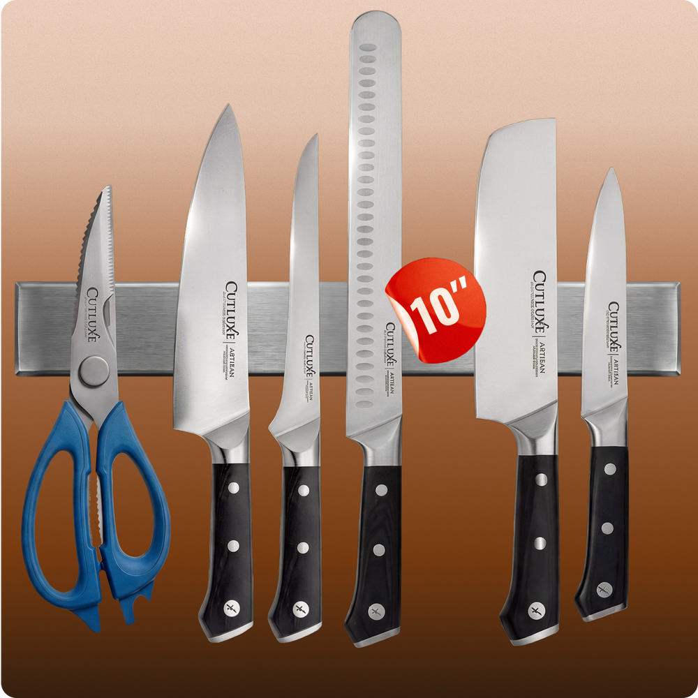 Cutluxe Artisan kitchen knives set with 10-inch chef knife, utility knives, and blue-handled scissors on magnetic strip