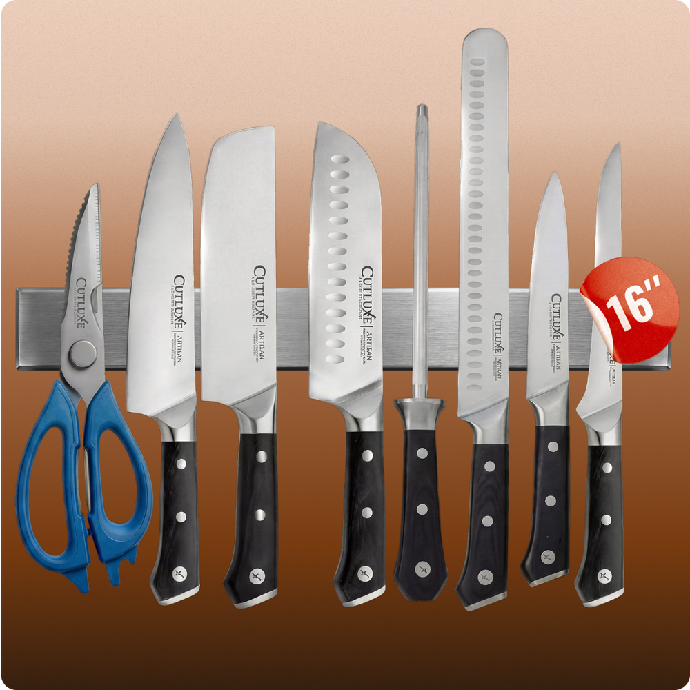 Cutluxe Artisan kitchen knife set with magnetic strip, featuring chef, santoku, bread knives & shears for home cooks