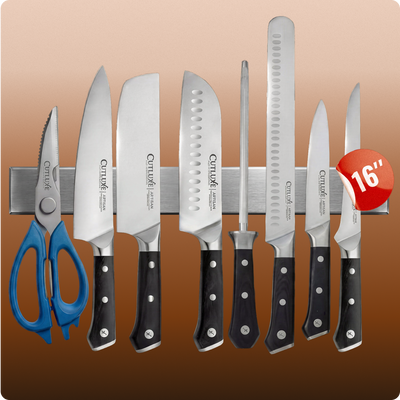 Cutluxe Artisan kitchen knife set with magnetic strip, featuring chef, santoku, bread knives & shears for home cooks