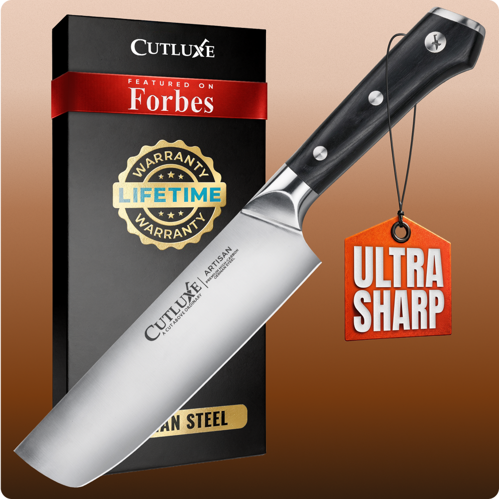 Ultra sharp artisan kitchen knife with lifetime warranty, premium German steel, featured on Forbes